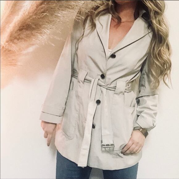 CALVIN KLEIN Khaki Tan Cream Lined Belted Button Preppy Tie Trench Coat Jacket S - Picture 3 of 8